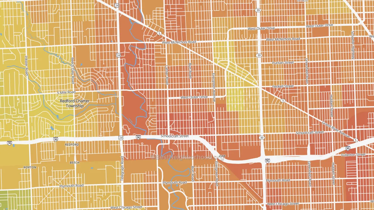 Map of the best neighborhoods in the Brightmoor, Detroit area, with better matches in green and worse matches in red