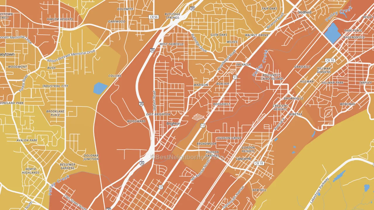 Map of the best neighborhoods in the Brighton area, with better matches in green and worse matches in red