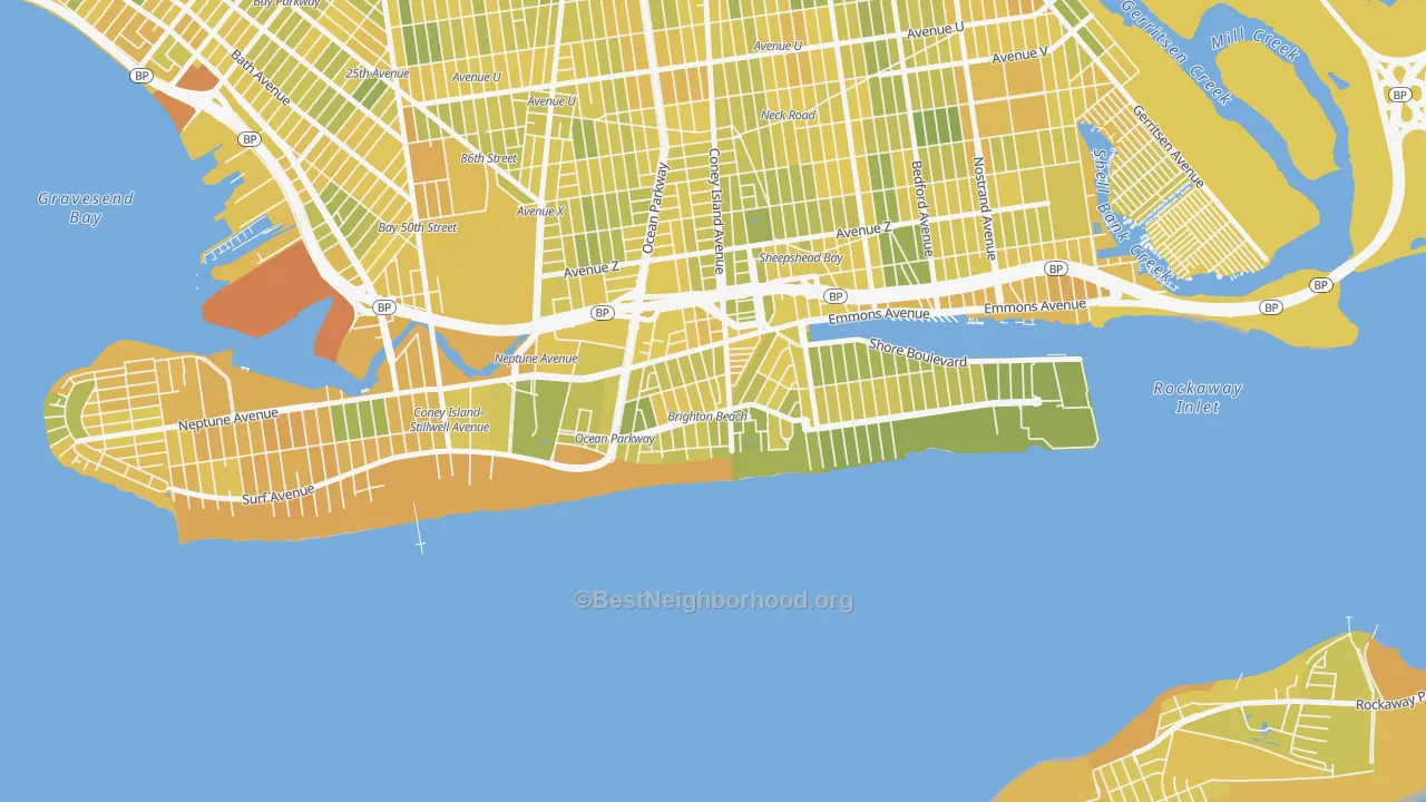 Map of the best neighborhoods in the Brighton Beach, Brooklyn area, with better matches in green and worse matches in red