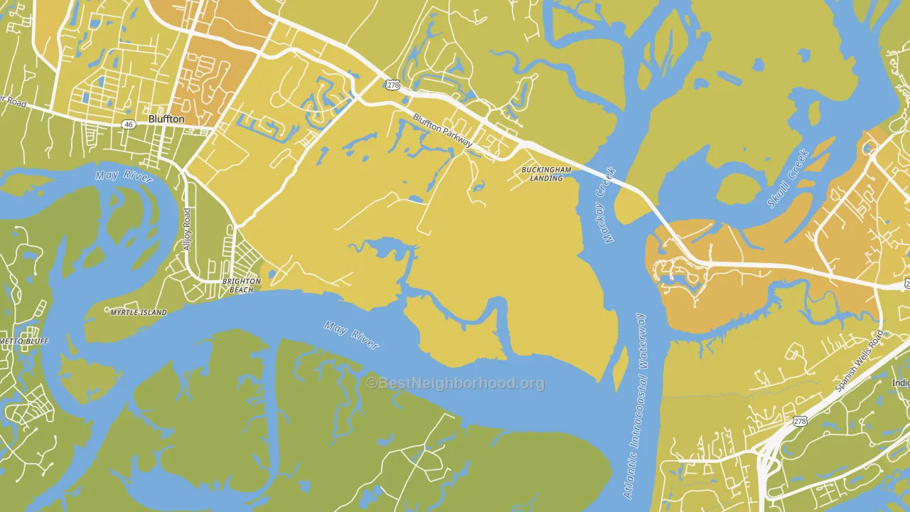 Map of the best neighborhoods in the Brighton Beach area, with better matches in green and worse matches in red
