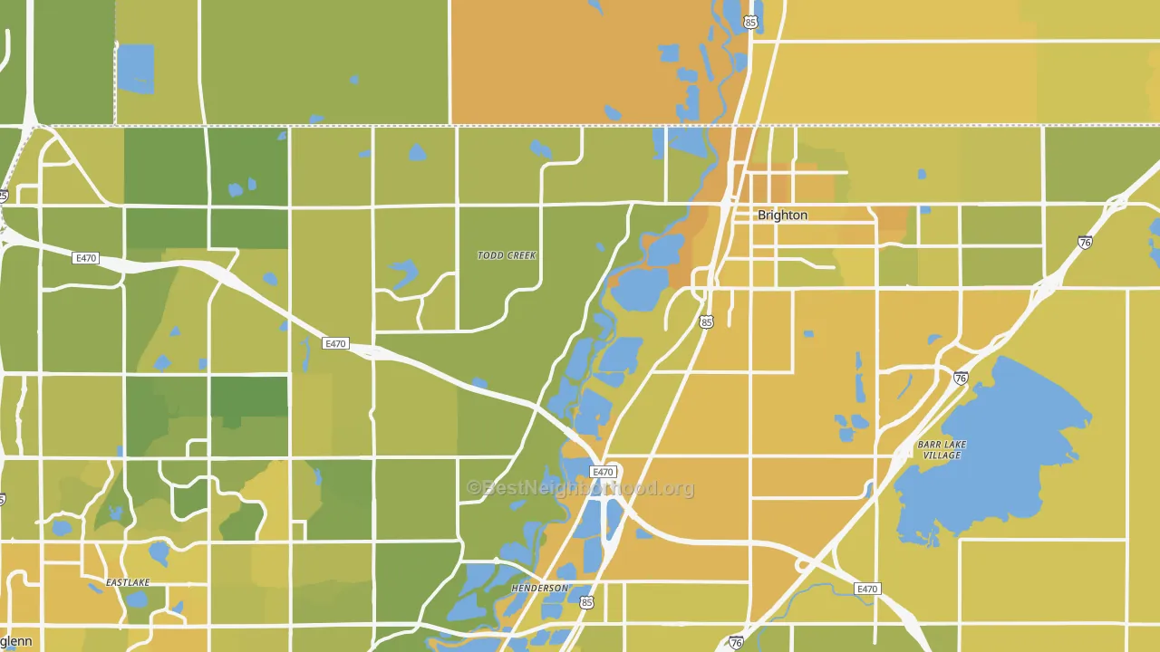 Map of the best neighborhoods in the Brighton area, with better matches in green and worse matches in red