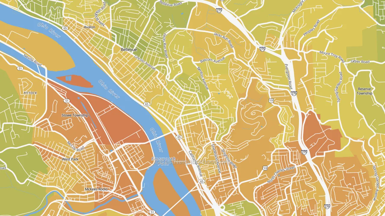 Map of the best neighborhoods in the Brighton Heights, Pittsburgh area, with better matches in green and worse matches in red
