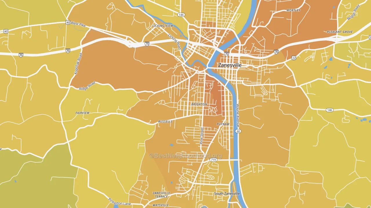 Map of the best neighborhoods in the Brighton Historic District, Zanesville area, with better matches in green and worse matches in red