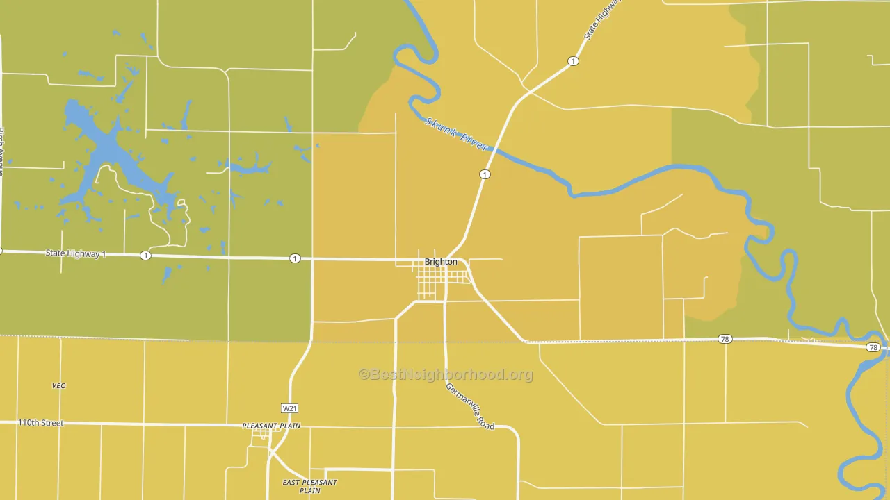 Map of the best neighborhoods in the Brighton area, with better matches in green and worse matches in red