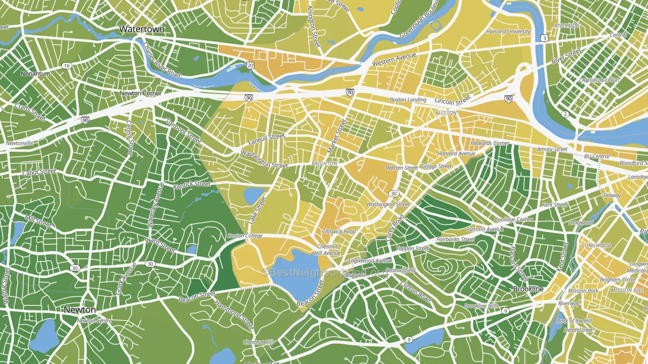 Map of the best neighborhoods in the Brighton area, with better matches in green and worse matches in red