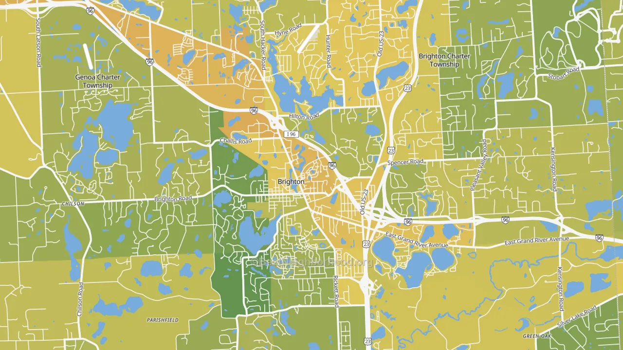 Map of the best neighborhoods in the Brighton area, with better matches in green and worse matches in red