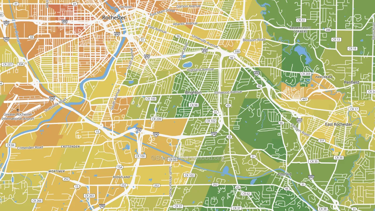 Map of the best neighborhoods in the Brighton area, with better matches in green and worse matches in red