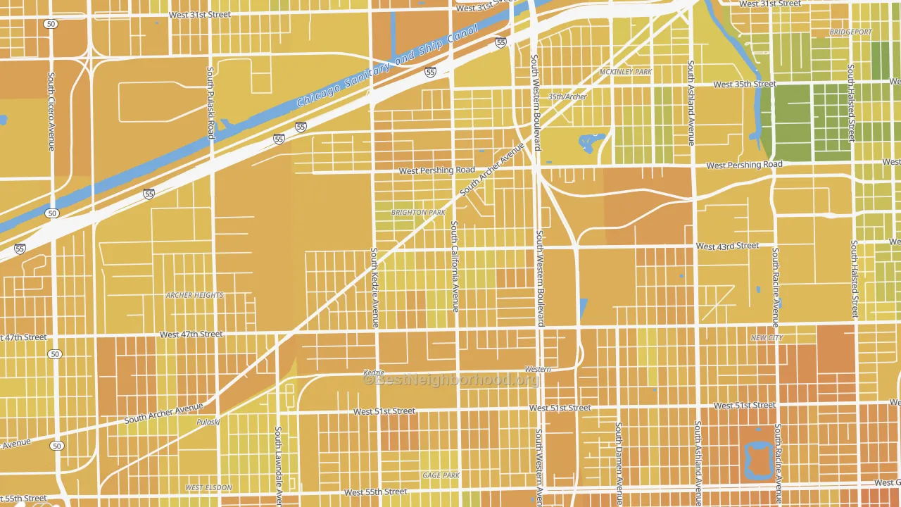 Map of the best neighborhoods in the Brighton Park, Chicago area, with better matches in green and worse matches in red