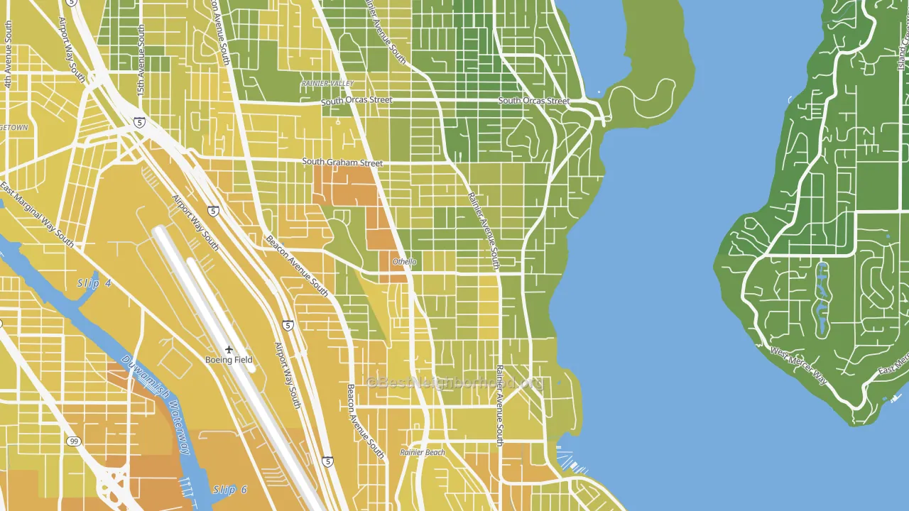 Map of the best neighborhoods in the Brighton, Seattle area, with better matches in green and worse matches in red