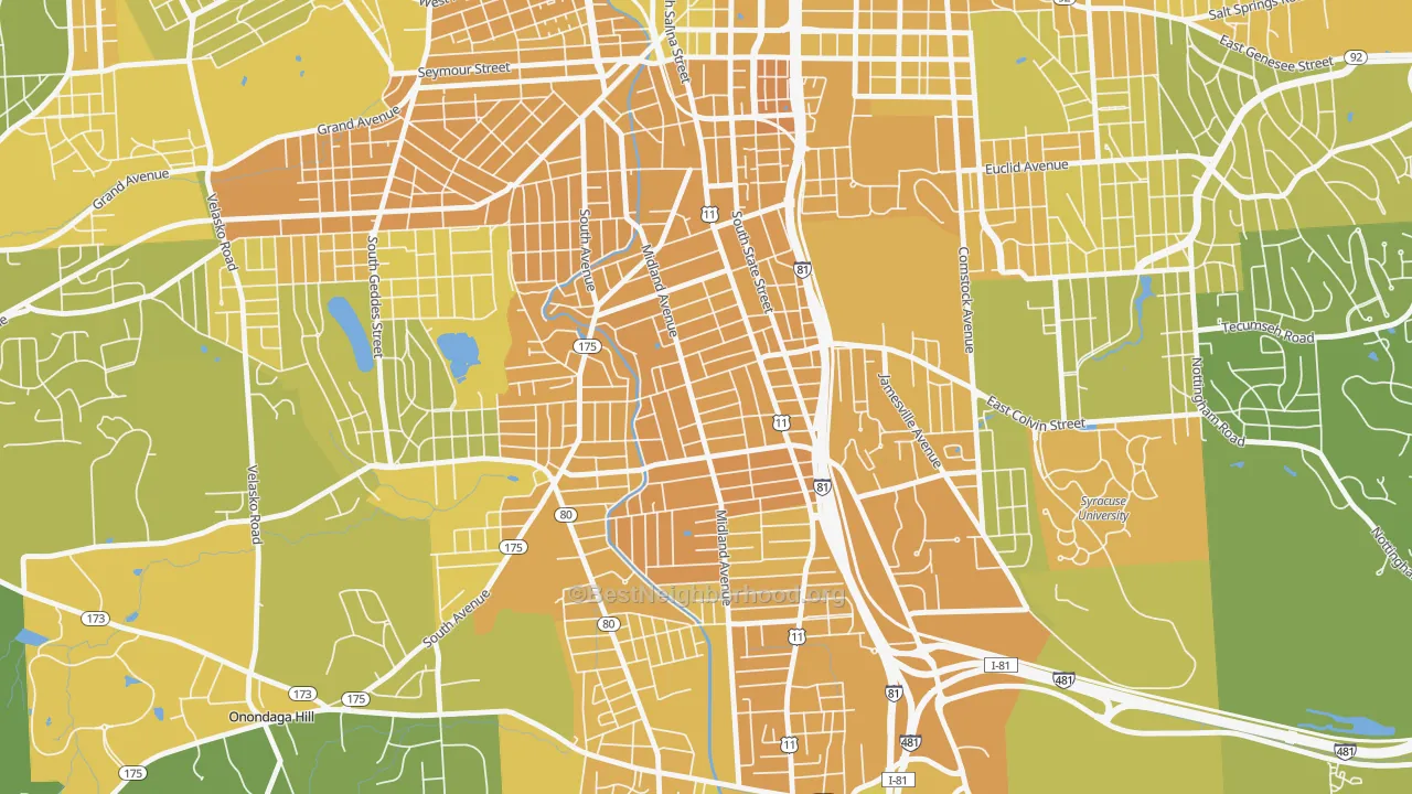 Map of the best neighborhoods in the Brighton, Syracuse area, with better matches in green and worse matches in red