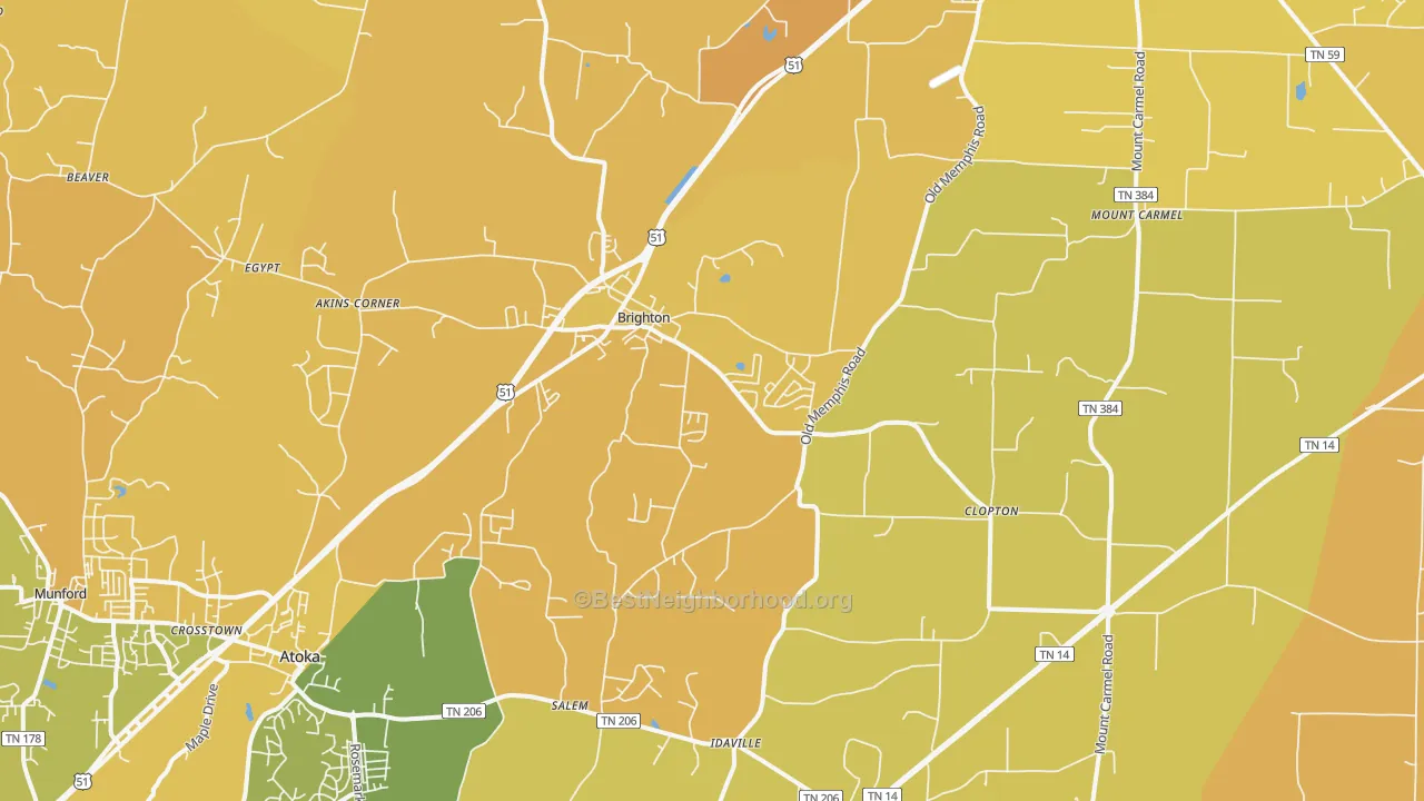Map of the best neighborhoods in the Brighton area, with better matches in green and worse matches in red