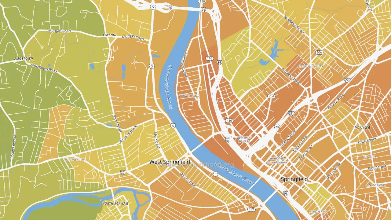 Map of the best neighborhoods in the Brightwood, Springfield area, with better matches in green and worse matches in red