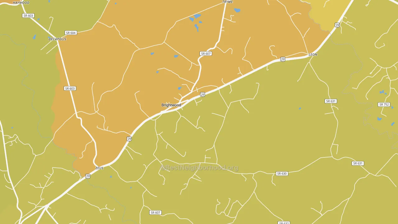 Map of the best neighborhoods in the Brightwood area, with better matches in green and worse matches in red