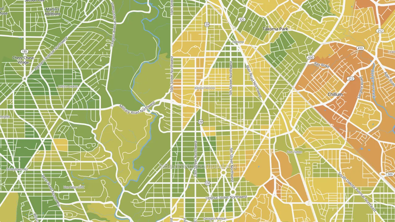 Map of the best neighborhoods in the Brightwood, Washington area, with better matches in green and worse matches in red