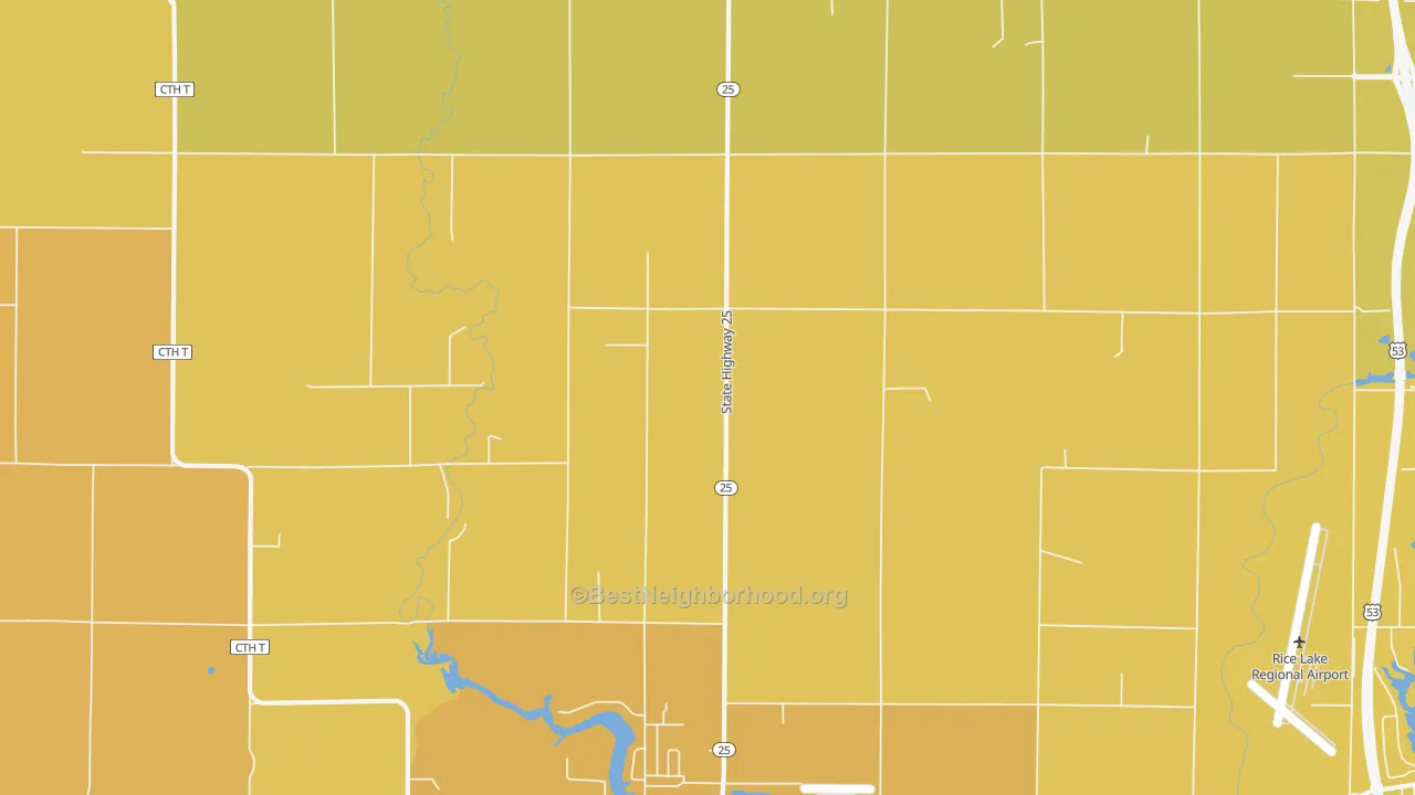 Map of the best neighborhoods in the Brill area, with better matches in green and worse matches in red