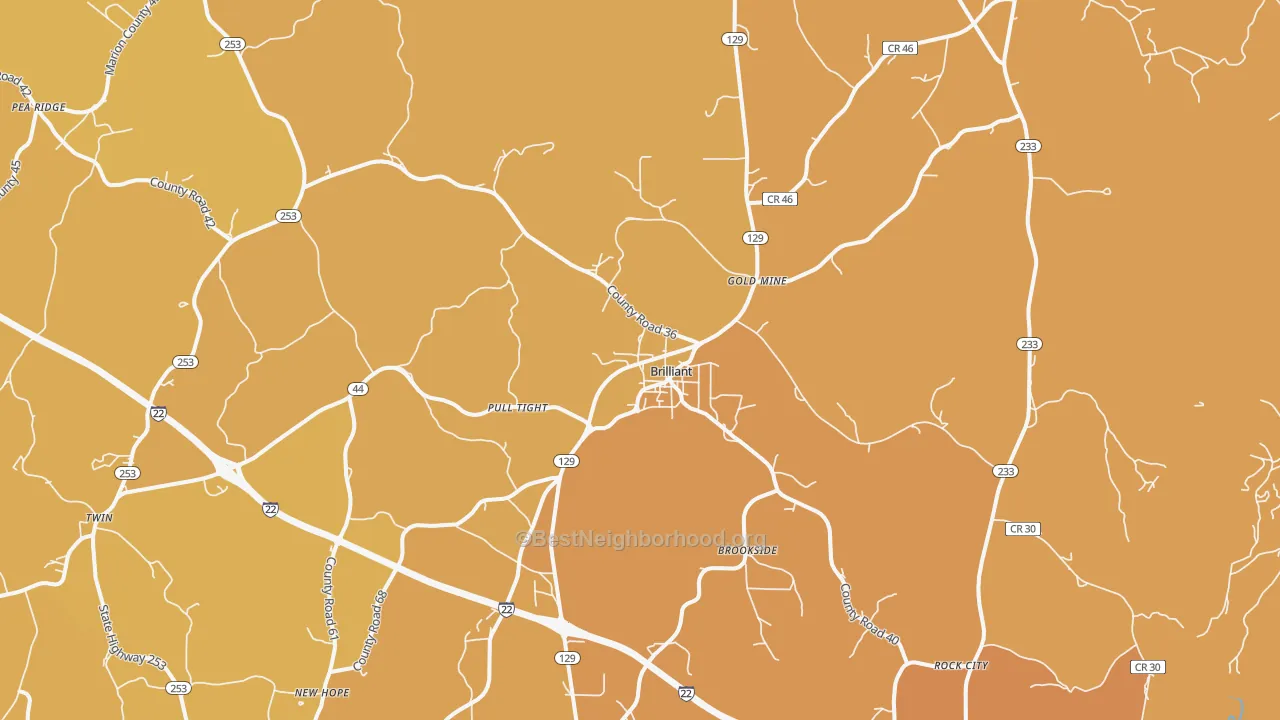 Map of the best neighborhoods in the Brilliant area, with better matches in green and worse matches in red