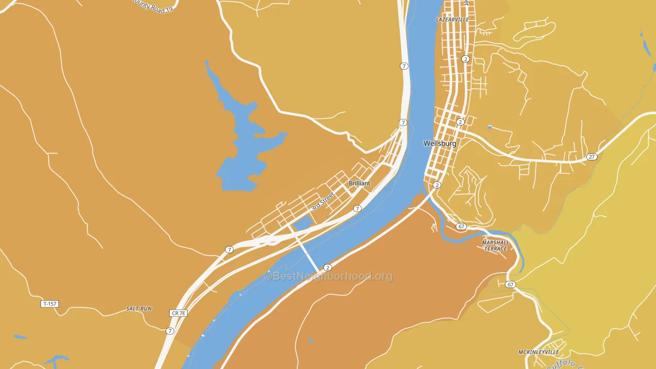 Map of the best neighborhoods in the Brilliant area, with better matches in green and worse matches in red