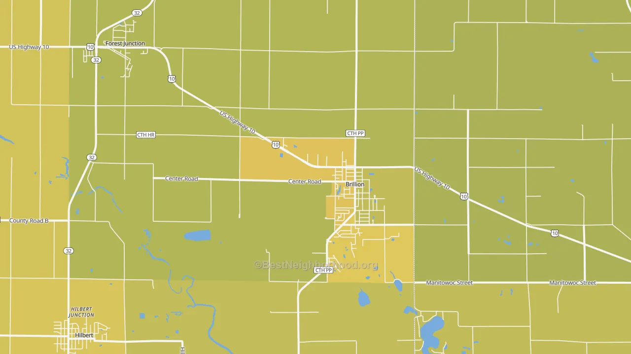 Map of the best neighborhoods in the Brillion area, with better matches in green and worse matches in red