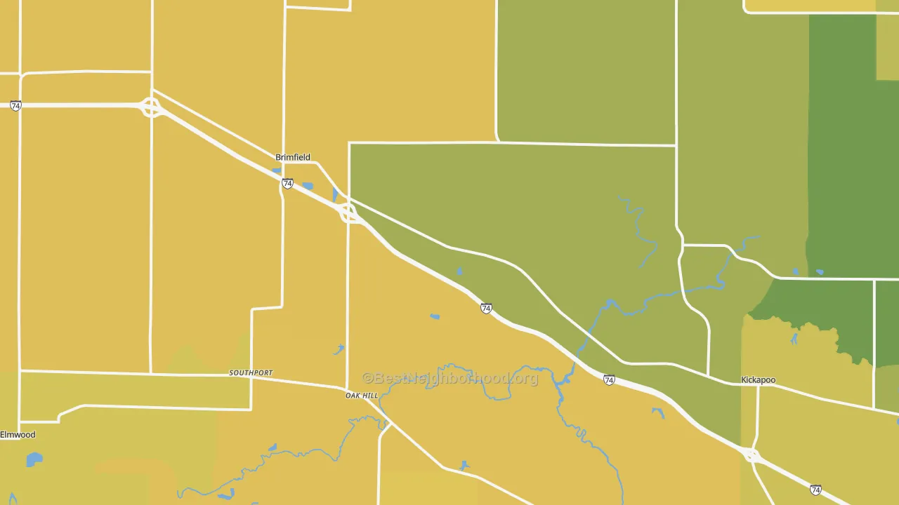 Map of the best neighborhoods in the Brimfield area, with better matches in green and worse matches in red
