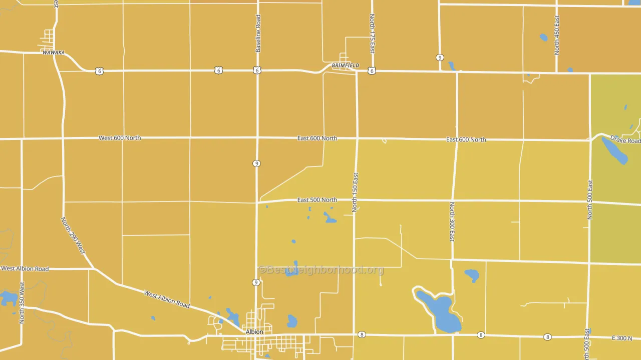 Map of the best neighborhoods in the Brimfield area, with better matches in green and worse matches in red