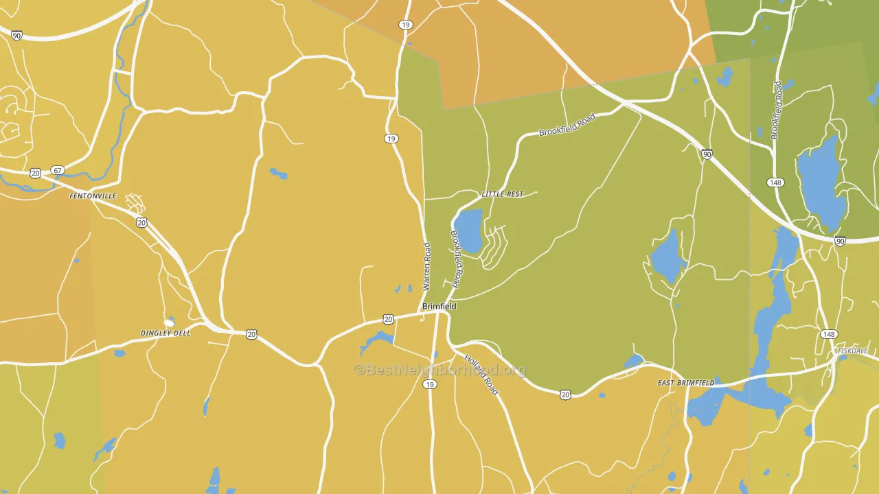 Map of the best neighborhoods in the Brimfield area, with better matches in green and worse matches in red