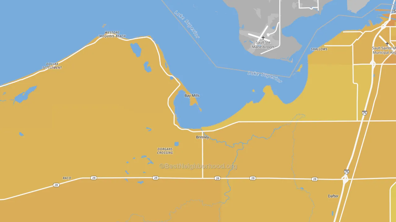 Map of the best neighborhoods in the Brimley area, with better matches in green and worse matches in red