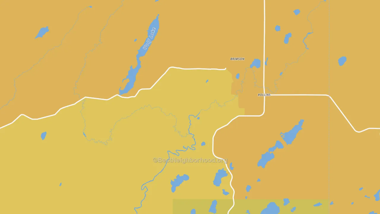 Map of the best neighborhoods in the Brimson area, with better matches in green and worse matches in red