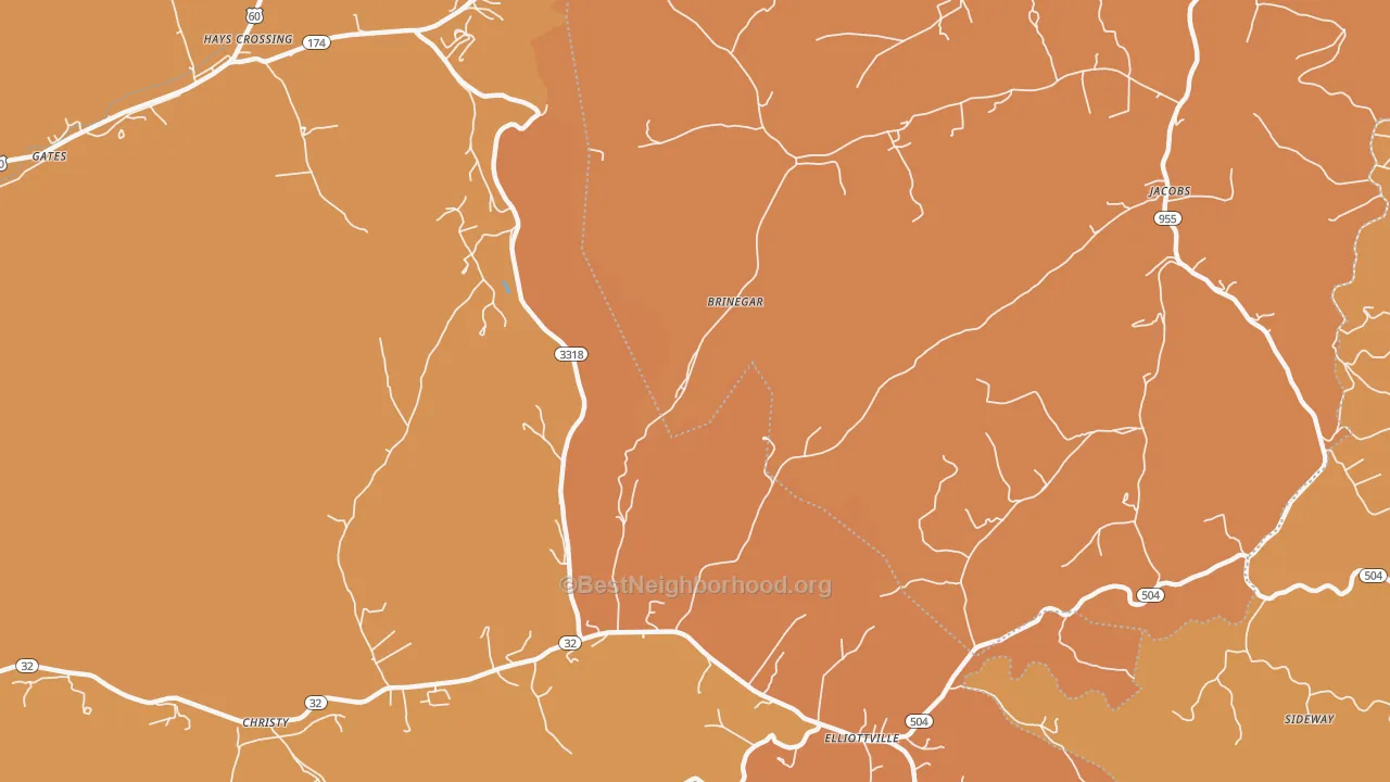 Map of the best neighborhoods in the Brinegar area, with better matches in green and worse matches in red