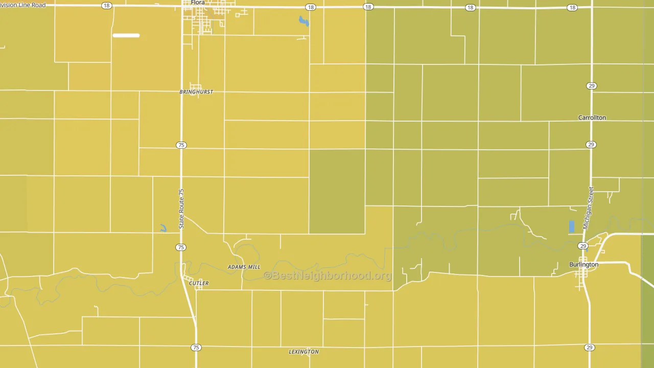 Map of the best neighborhoods in the Bringhurst area, with better matches in green and worse matches in red
