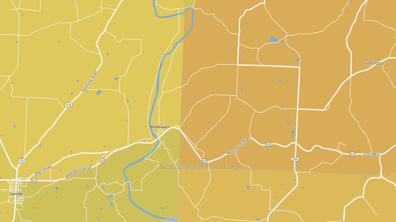 Map of the best neighborhoods in the Brinkhaven area, with better matches in green and worse matches in red