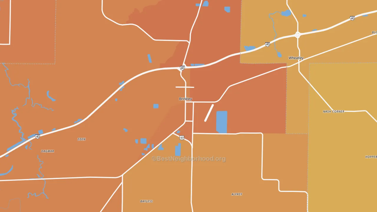 Map of the best neighborhoods in the Brinkley area, with better matches in green and worse matches in red