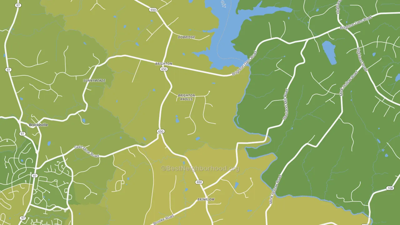 Map of the best neighborhoods in the Brinklow area, with better matches in green and worse matches in red