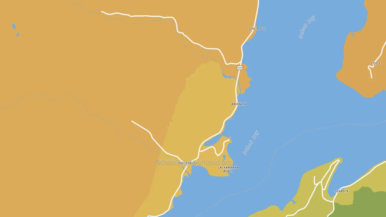 Map of the best neighborhoods in the Brinnon area, with better matches in green and worse matches in red