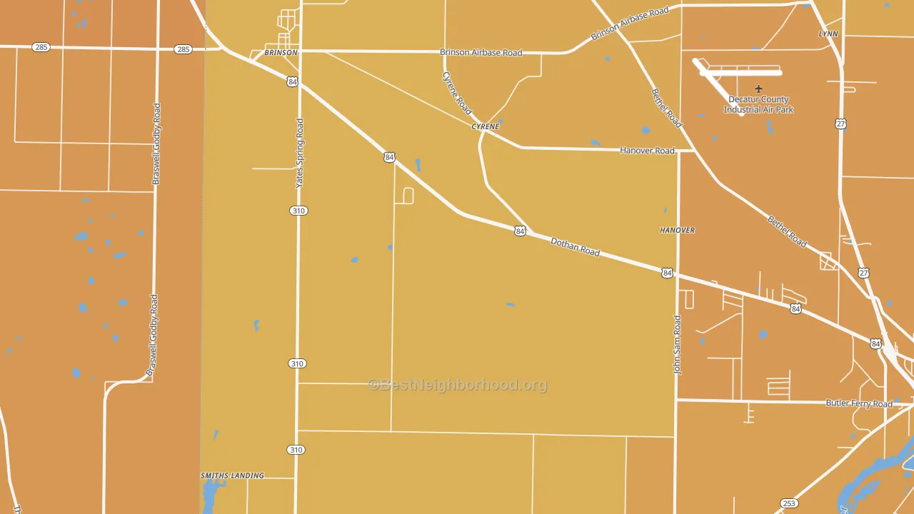 Map of the best neighborhoods in the Brinson area, with better matches in green and worse matches in red