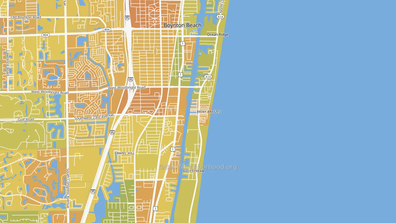 Map of the best neighborhoods in the Briny Breezes area, with better matches in green and worse matches in red