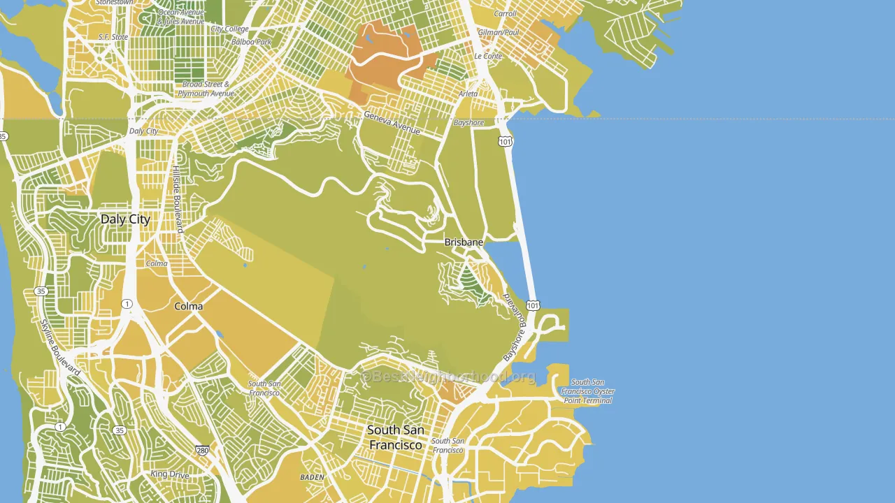 Map of the best neighborhoods in the Brisbane area, with better matches in green and worse matches in red