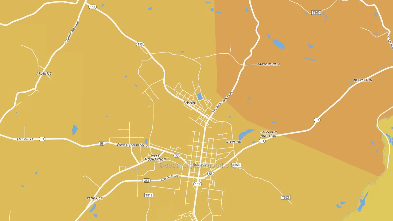 Map of the best neighborhoods in the Brisbin area, with better matches in green and worse matches in red