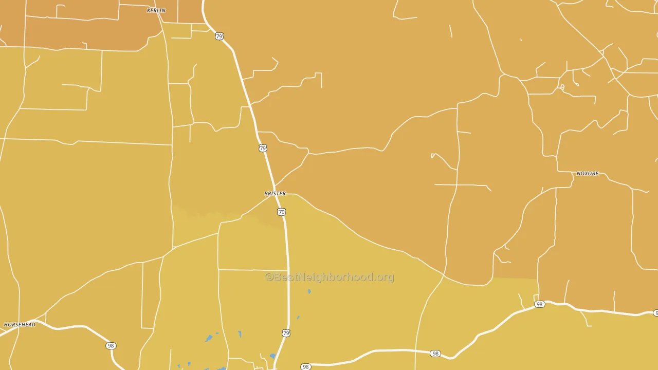 Map of the best neighborhoods in the Brister area, with better matches in green and worse matches in red