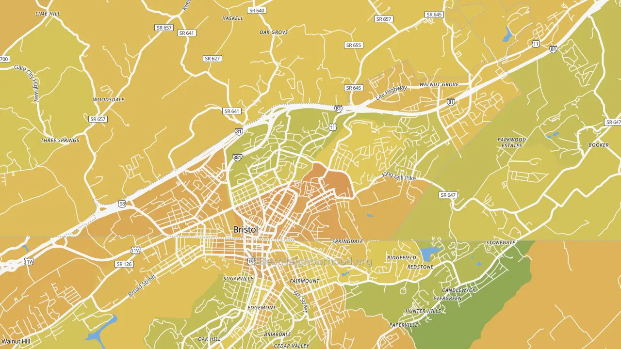 Map of the best neighborhoods in the Bristol City area, with better matches in green and worse matches in red