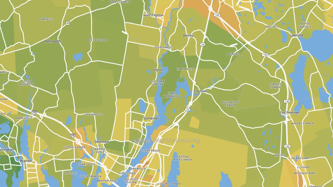 Map of the best neighborhoods in the Bristol County area, with better matches in green and worse matches in red