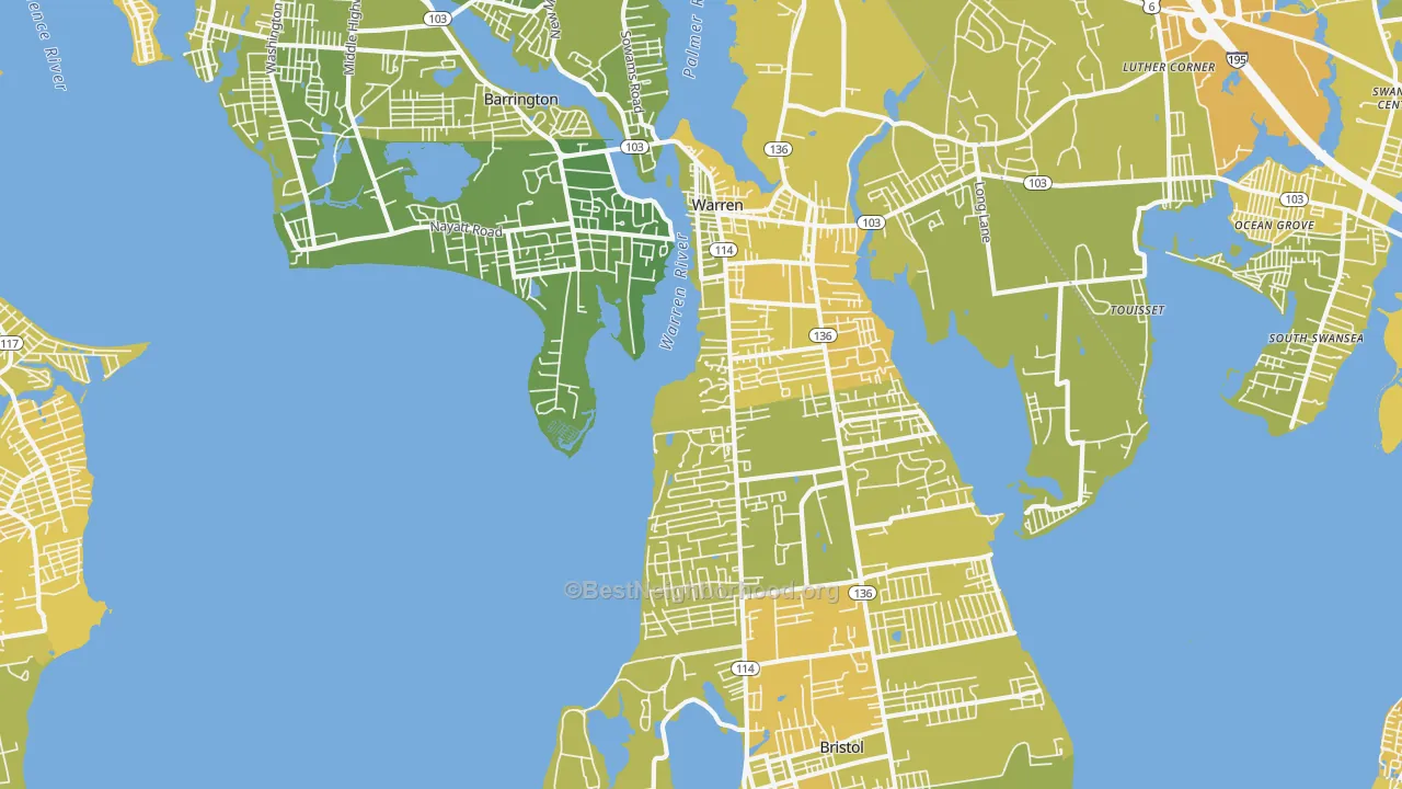 Map of the best neighborhoods in the Bristol County area, with better matches in green and worse matches in red