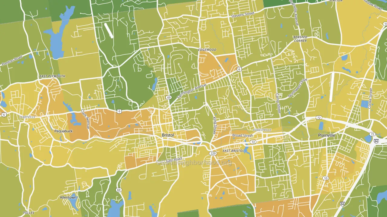 Map of the best neighborhoods in the Bristol area, with better matches in green and worse matches in red