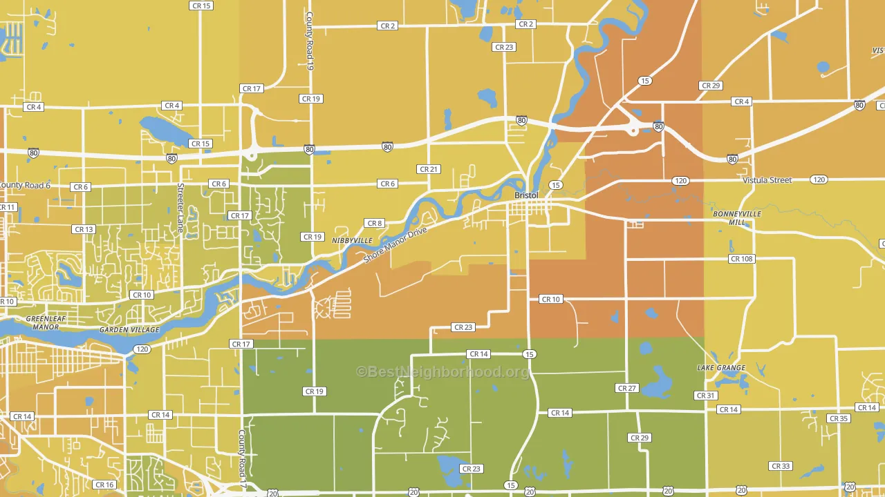 Map of the best neighborhoods in the Bristol area, with better matches in green and worse matches in red