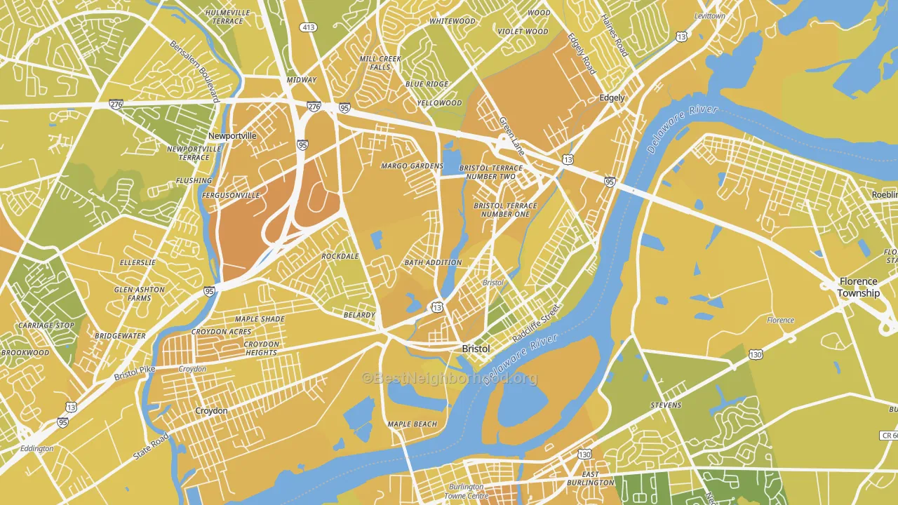 Map of the best neighborhoods in the Bristol area, with better matches in green and worse matches in red
