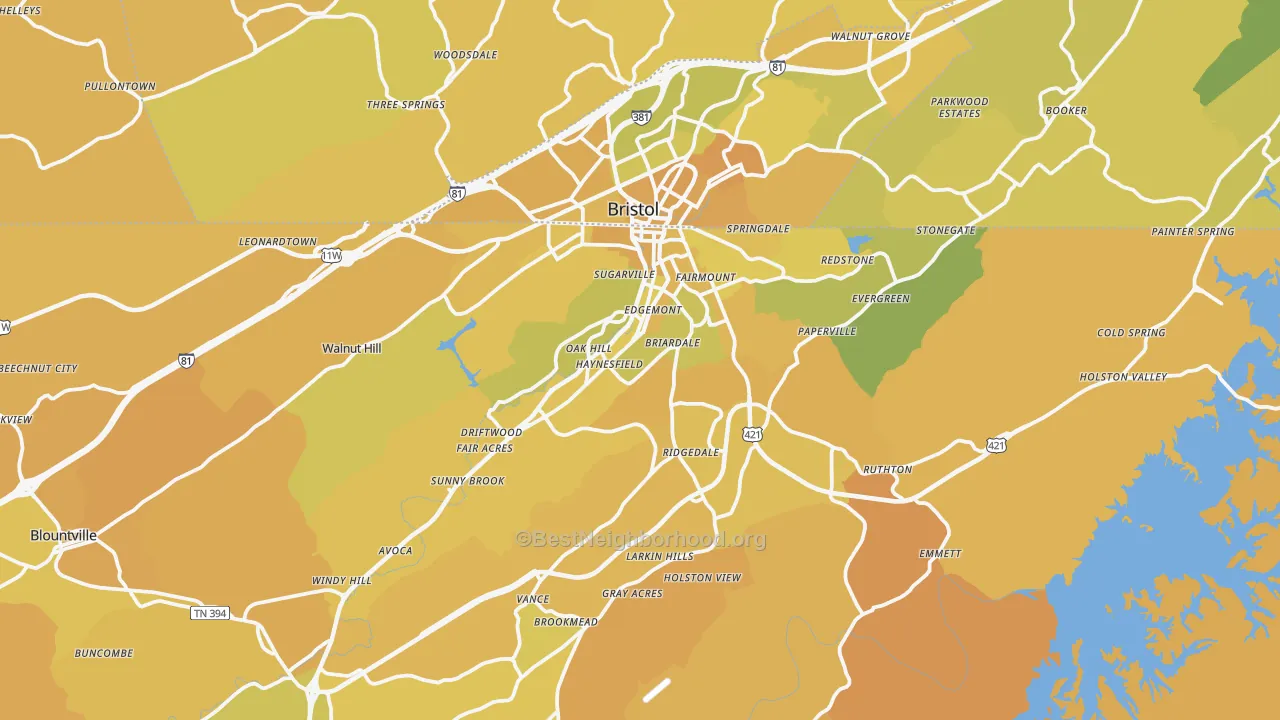 Map of the best neighborhoods in the Bristol area, with better matches in green and worse matches in red