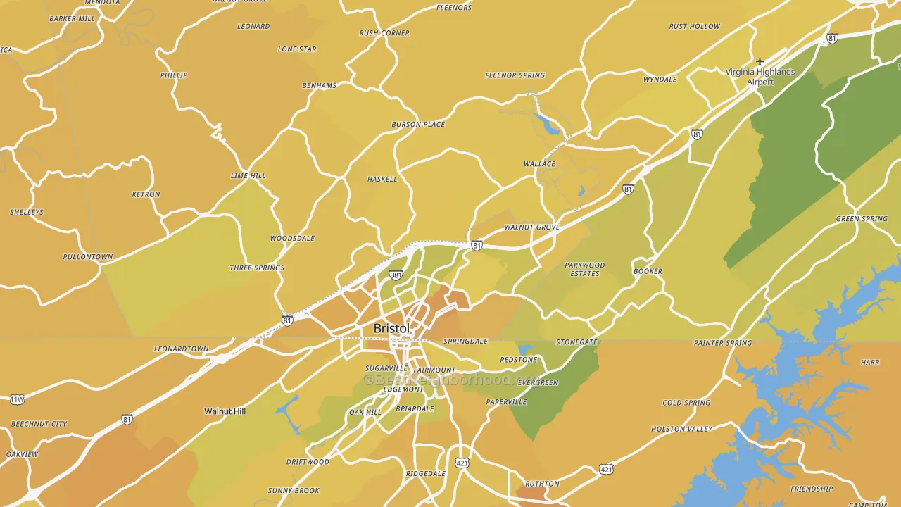 Map of the best neighborhoods in the Bristol area, with better matches in green and worse matches in red