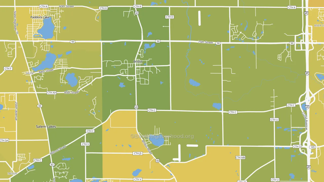 Map of the best neighborhoods in the Bristol area, with better matches in green and worse matches in red