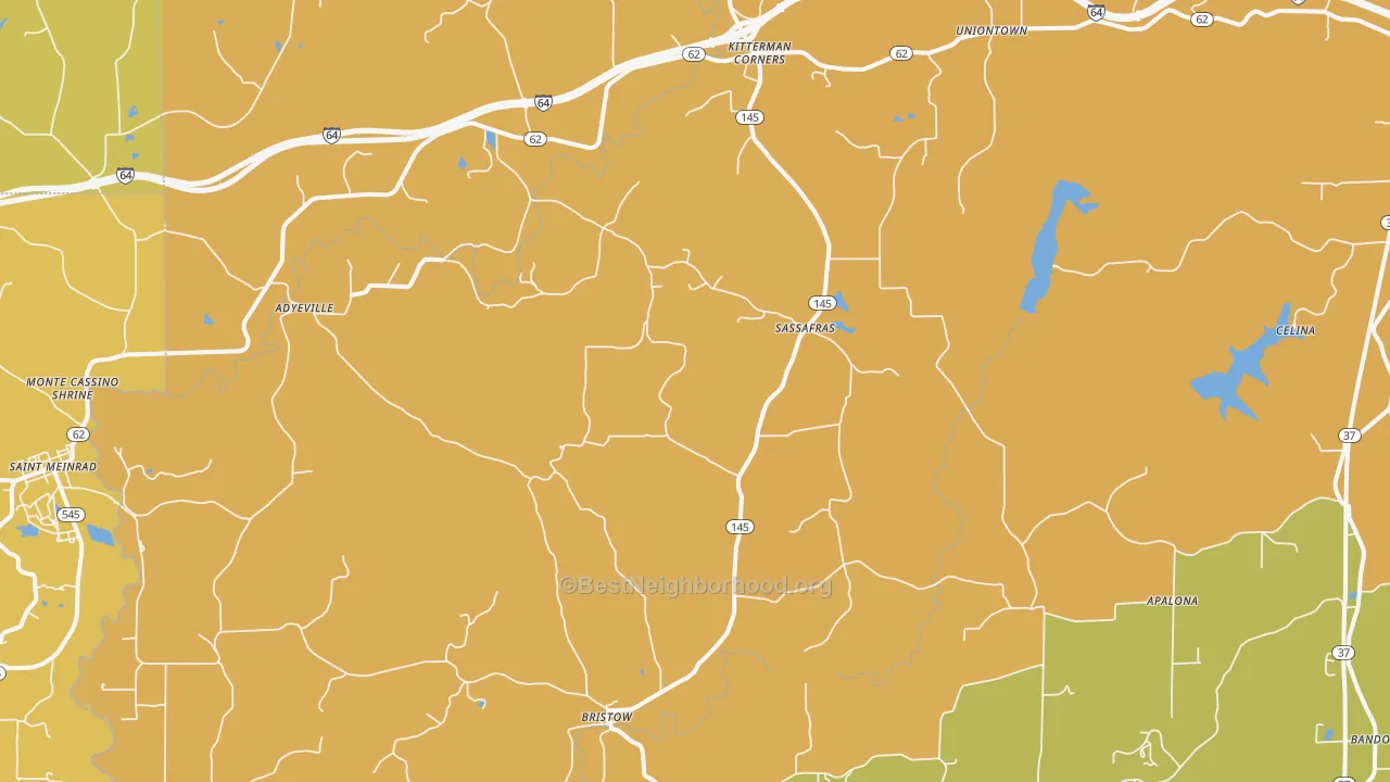 Map of the best neighborhoods in the Bristow area, with better matches in green and worse matches in red