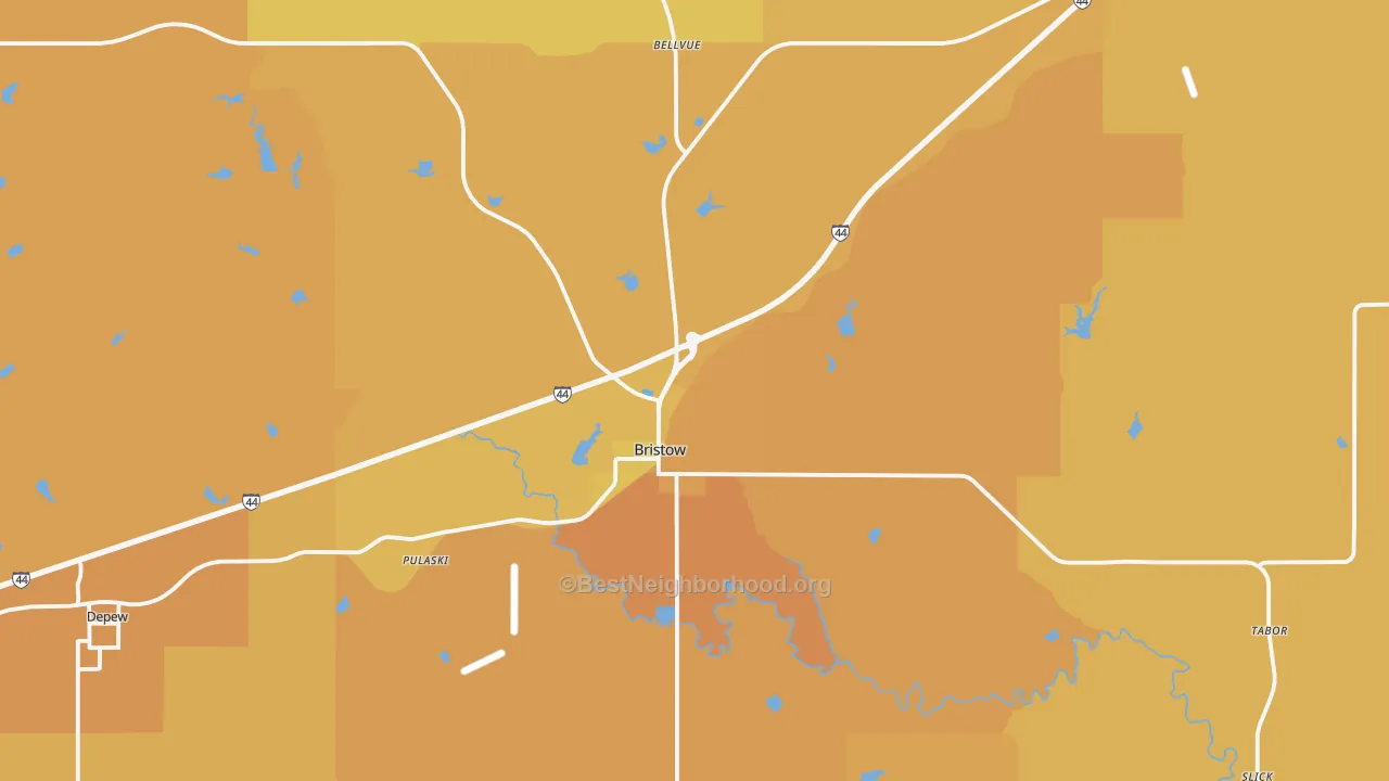 Map of the best neighborhoods in the Bristow area, with better matches in green and worse matches in red