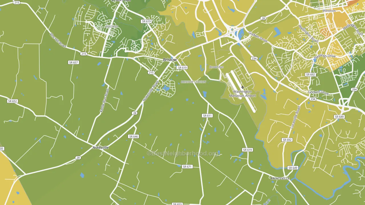 Map of the best neighborhoods in the Bristow area, with better matches in green and worse matches in red